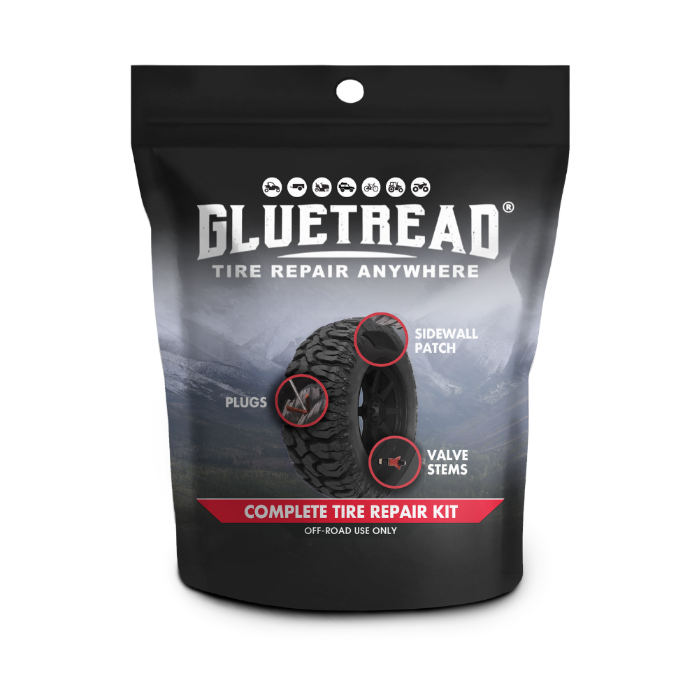 GlueTread Complete Tire Repair Kit bag for off-road sidewall, tread puncture and valve stem repair